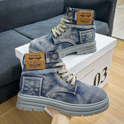 Vintage Style High-Top Casual Denim Boots for Men, Solid Color Fabric Upper with PVC Sole, Round Toe Lace-Up Short Boots, All-Season Wear, Retro Design with Decorative Stitching And Button Closure, Comfortable Fabric Inner, R