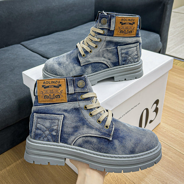 Vintage Style High-Top Casual Denim Boots for Men, Solid Color Fabric Upper with PVC Sole, Round Toe Lace-Up Short Boots, All-Season Wear, Retro Design with Decorative Stitching And Button Closure, Comfortable Fabric Inner, R