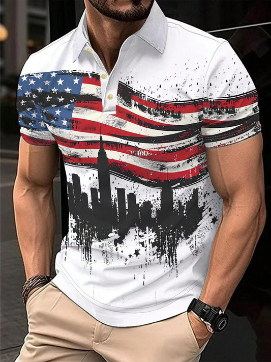Men’s American Flag & Cityscape Print Shirt – Breathable Polyester Short Sleeve for Golf, BBQ, Vacation