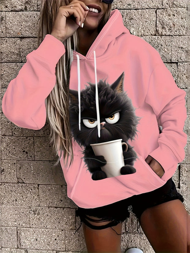 Pink Cartoon Cat Print Hoodie – Women’s Casual Pullover with Drawstring & Kangaroo Pocket