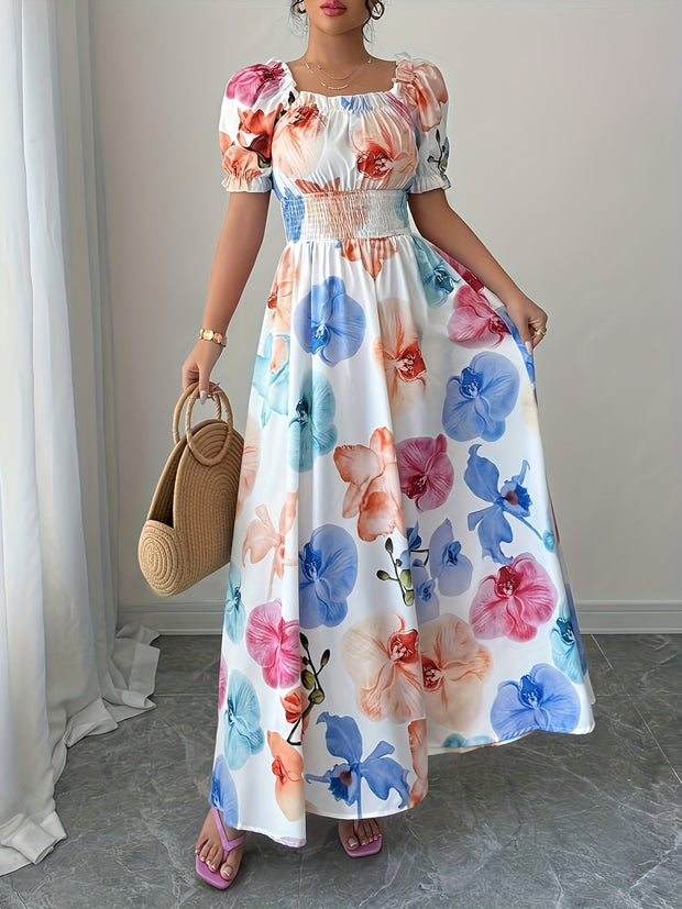 Elegant Floral Print Maxi Dress with Ruffle Sleeves and Lantern Sleeves - Notch Neck, A-Line Silhouette, Flowy Design for Spring/Summer/Fall, Spring Fashion | Flowy Sleeve Dress | Notch Neck Design, Cute Dresse
