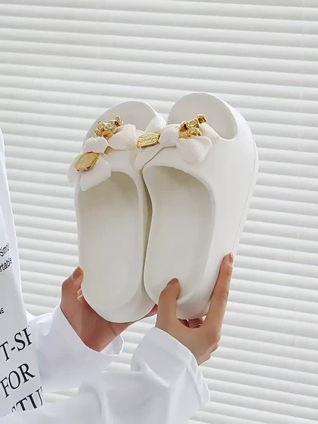 Women’s Summer Platform Flip-Flops – Cute Bow Slides with Teddy Bear Charm