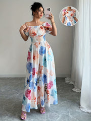 Elegant Floral Print Maxi Dress with Ruffle Sleeves and Lantern Sleeves - Notch Neck, A-Line Silhouette, Flowy Design for Spring/Summer/Fall, Spring Fashion | Flowy Sleeve Dress | Notch Neck Design, Cute Dresse