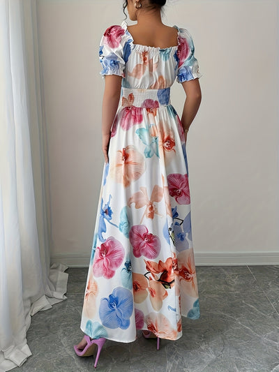 Elegant Floral Print Maxi Dress with Ruffle Sleeves and Lantern Sleeves - Notch Neck, A-Line Silhouette, Flowy Design for Spring/Summer/Fall, Spring Fashion | Flowy Sleeve Dress | Notch Neck Design, Cute Dresse