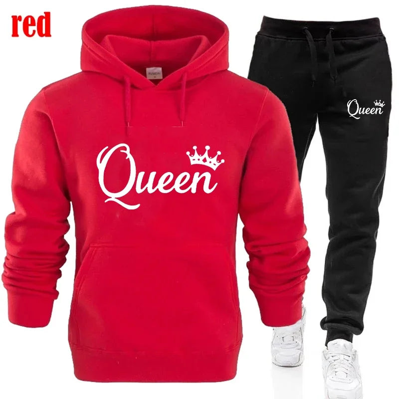 KING & QUEEN Matching Couple Tracksuit – 2-Piece Hoodie and Pants Set | Casual Streetwear Outfit for Autumn & Winter