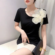 Chic Korean Skew Collar T-Shirt – Cotton Slim Fit Top with 3D Flower Appliqué