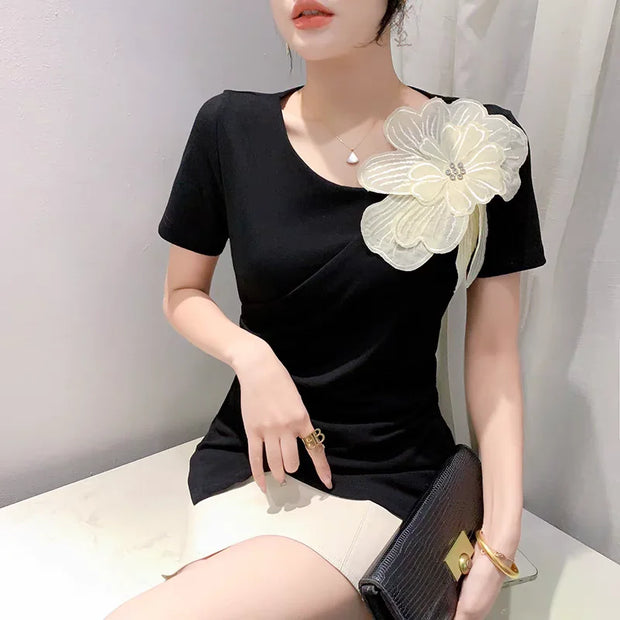 Chic Korean Skew Collar T-Shirt – Cotton Slim Fit Top with 3D Flower Appliqué