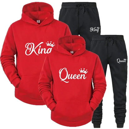 KING & QUEEN Matching Couple Tracksuit – 2-Piece Hoodie and Pants Set | Casual Streetwear Outfit for Autumn & Winter