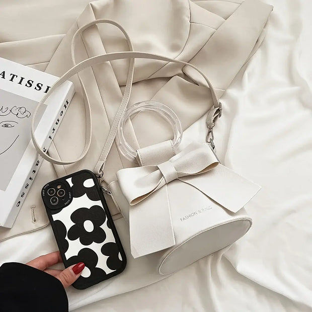 Elegant Bow Bucket Bag – Women’s PU Leather Crossbody with Round Handle & Detachable Strap