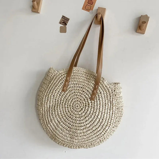 Summer Straw Shoulder Tote – Women’s Woven Beach Bag with Zipper & Large Capacity