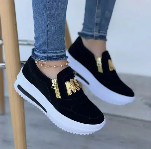 Women’s Side Zipper Platform Sneakers – Casual Double M Print Vulcanized Shoes for All Seasons