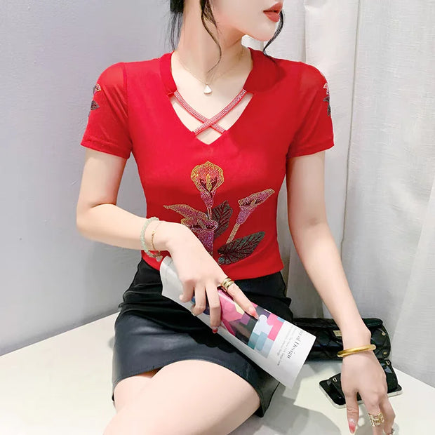 Comfy V-Neck Diamond T-Shirt for Women – Summer Casual Streetwear