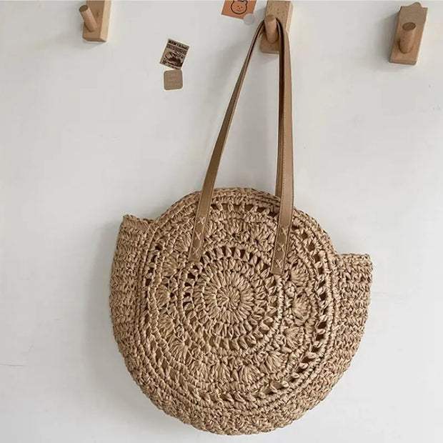 Summer Straw Shoulder Tote – Women’s Woven Beach Bag with Zipper & Large Capacity