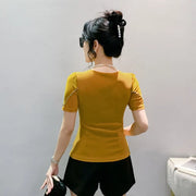 Sexy Summer V-Neck Mesh T-Shirt – Women’s Slim Fit Top with Shiny Heart Diamond Detail