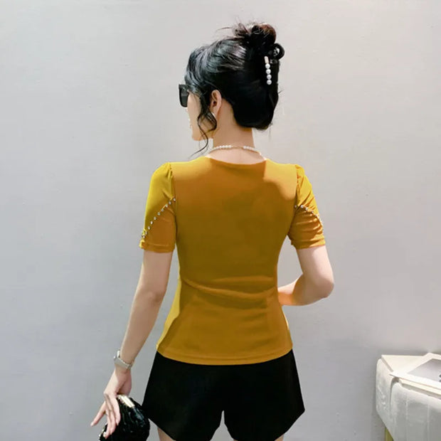Sexy Summer V-Neck Mesh T-Shirt – Women’s Slim Fit Top with Shiny Heart Diamond Detail