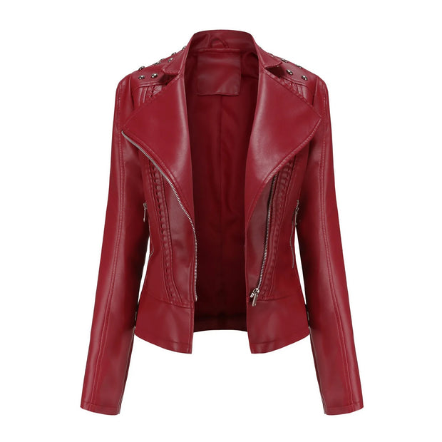 Women's Faux Leather Biker Jacket – Punk Rivet Style, Slim Fit, Retro Moto Outerwear