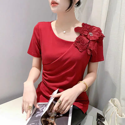 Chic Korean Skew Collar T-Shirt – Cotton Slim Fit Top with 3D Flower Appliqué