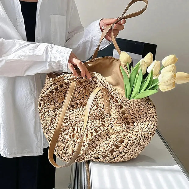 Summer Straw Shoulder Tote – Women’s Woven Beach Bag with Zipper & Large Capacity