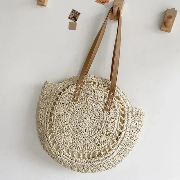 Summer Straw Shoulder Tote – Women’s Woven Beach Bag with Zipper & Large Capacity