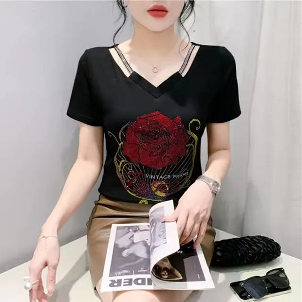 Comfy V-Neck Diamond T-Shirt for Women – Summer Casual Streetwear