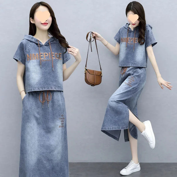 Two people wearing matching denim outfits with 'NINEPIECE' branding on a gray background.