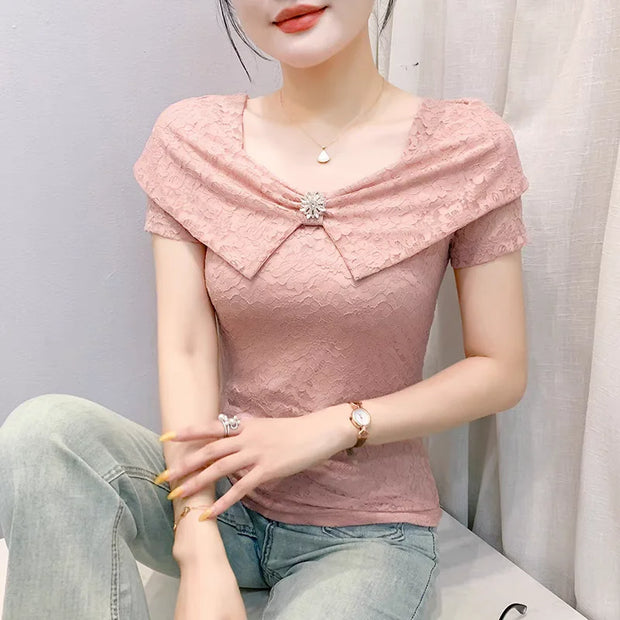 2025 Summer European Clothes Women's Sexy Square Neck Lace T-Shirt Chic Slim Design Tees New Female Elegant Short Sleeve Tops