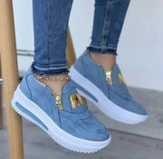 Women’s Side Zipper Platform Sneakers – Casual Double M Print Vulcanized Shoes for All Seasons