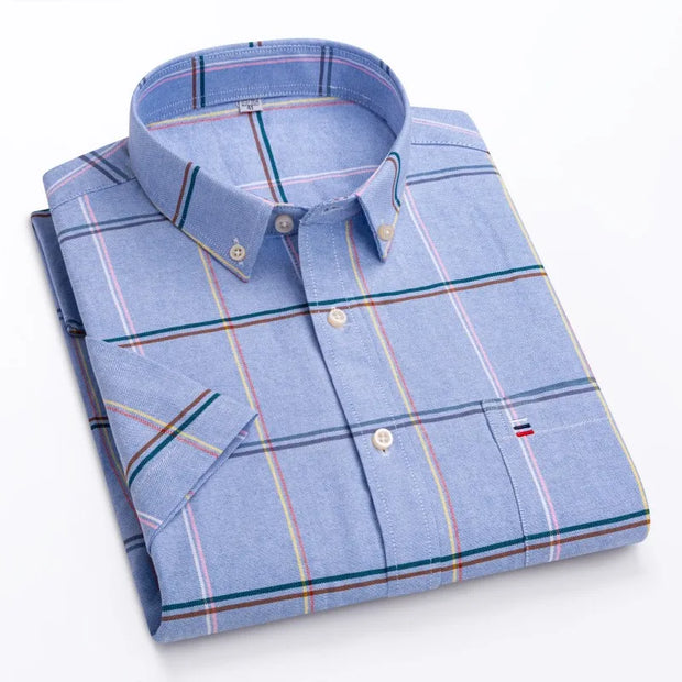 Men’s Classic Oxford Cotton Shirt – Short Sleeve Slim Fit Casual Plaid & Solid