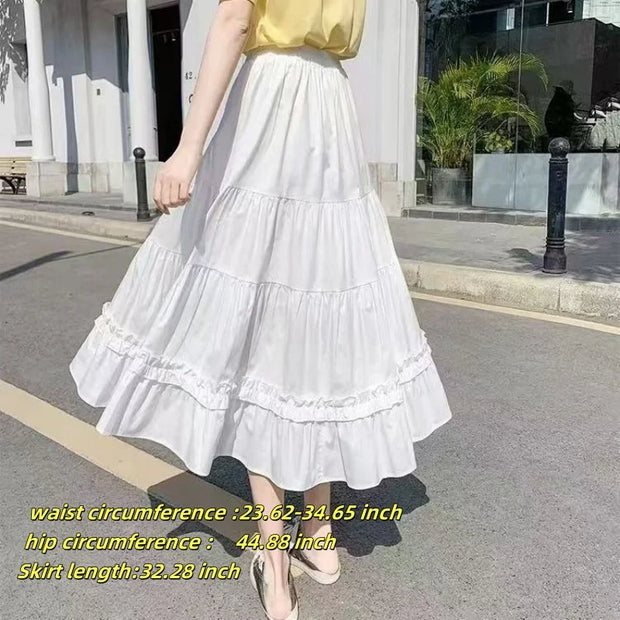 White Summer Women Long Skirts High Waist Elastic Korean Chic Long Cake A-line Sweet Skirt New In Clothes Casual Fashion Trend
