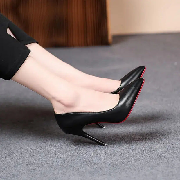 Red Sole Matte Black Stiletto Pumps – Women’s Slip-On High Heels for Office & Evening Wear
