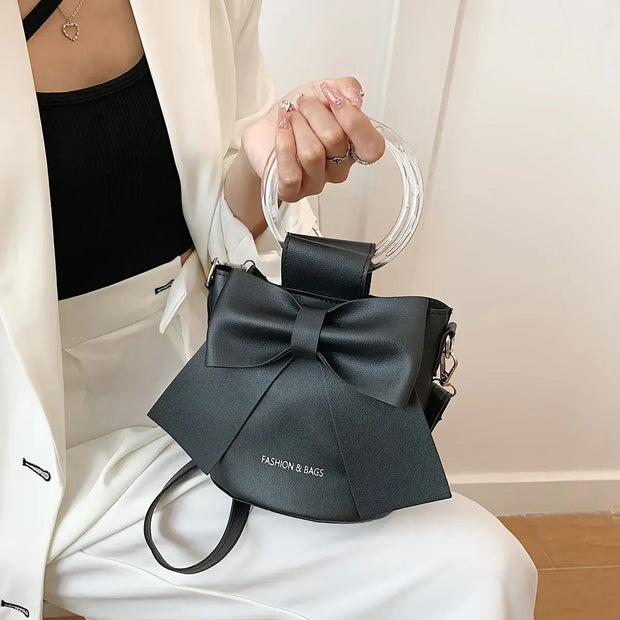 Elegant Bow Bucket Bag – Women’s PU Leather Crossbody with Round Handle & Detachable Strap