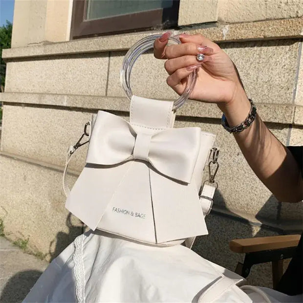 Elegant Bow Bucket Bag – Women’s PU Leather Crossbody with Round Handle & Detachable Strap