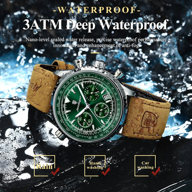 POEDAGAR Luxury Men’s Chronograph Watch – Waterproof Quartz Military Leather Wristwatch
