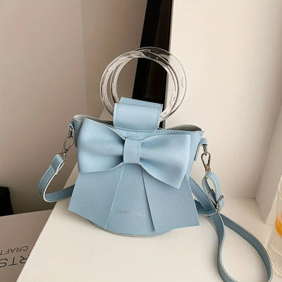 Elegant Bow Bucket Bag – Women’s PU Leather Crossbody with Round Handle & Detachable Strap