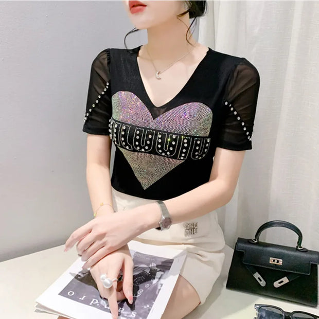 Sexy Summer V-Neck Mesh T-Shirt – Women’s Slim Fit Top with Shiny Heart Diamond Detail