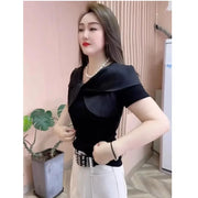 Summer Women's Slim Cotton T-Shirt – Square Neck Top with Butterfly Knot & Silk Thread Finish