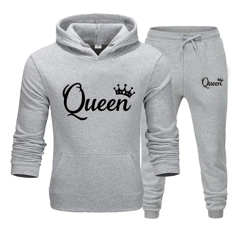 KING & QUEEN Matching Couple Tracksuit – 2-Piece Hoodie and Pants Set | Casual Streetwear Outfit for Autumn & Winter