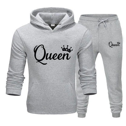 KING & QUEEN Matching Couple Tracksuit – 2-Piece Hoodie and Pants Set | Casual Streetwear Outfit for Autumn & Winter