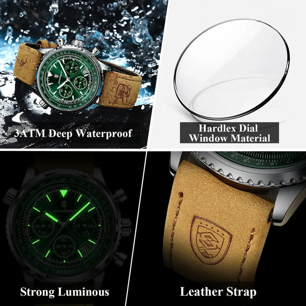 POEDAGAR Luxury Men’s Chronograph Watch – Waterproof Quartz Military Leather Wristwatch