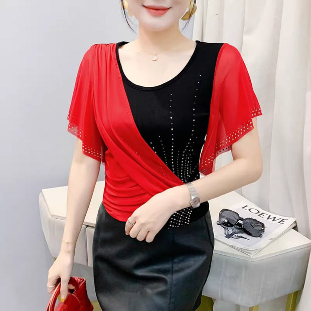 Elegant Summer Women’s Mesh Ruffle T-Shirt – Slim Fit O-Neck Top with Diamond Detail