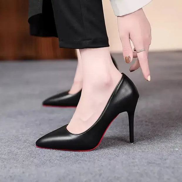Red Sole Matte Black Stiletto Pumps – Women’s Slip-On High Heels for Office & Evening Wear