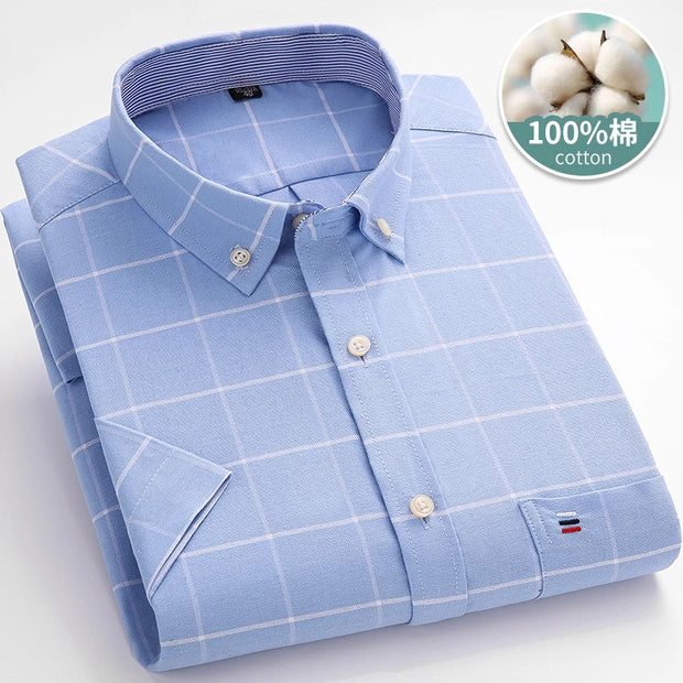 Men’s Classic Oxford Cotton Shirt – Short Sleeve Slim Fit Casual Plaid & Solid