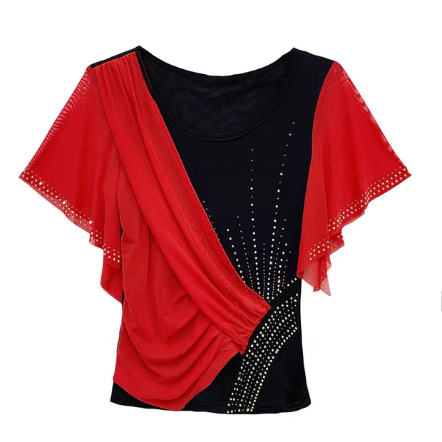 Elegant Summer Women’s Mesh Ruffle T-Shirt – Slim Fit O-Neck Top with Diamond Detail