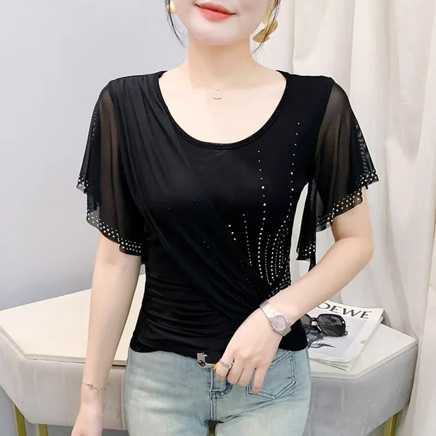 Elegant Summer Women’s Mesh Ruffle T-Shirt – Slim Fit O-Neck Top with Diamond Detail