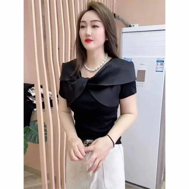 Summer Women's Slim Cotton T-Shirt – Square Neck Top with Butterfly Knot & Silk Thread Finish