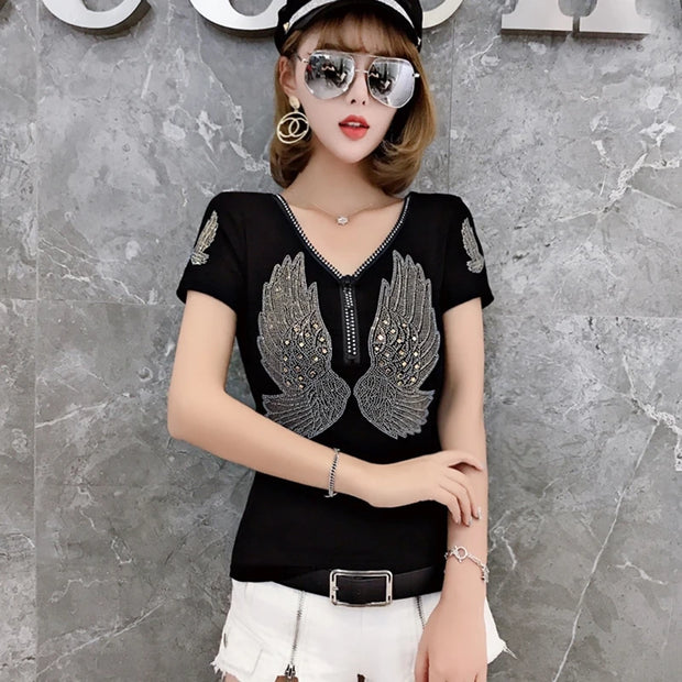 Comfy V-Neck Diamond T-Shirt for Women – Summer Casual Streetwear