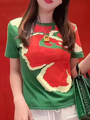 Color Block Summer T-Shirt – Women’s Cotton Loose Fit Tee with Round Neck & Print Detail