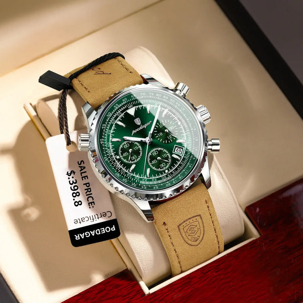 POEDAGAR Luxury Men’s Chronograph Watch – Waterproof Quartz Military Leather Wristwatch