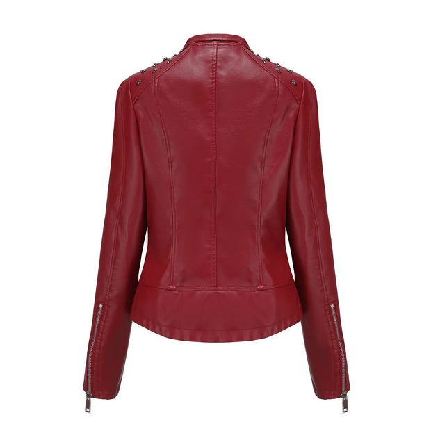 Women's Faux Leather Biker Jacket – Punk Rivet Style, Slim Fit, Retro Moto Outerwear