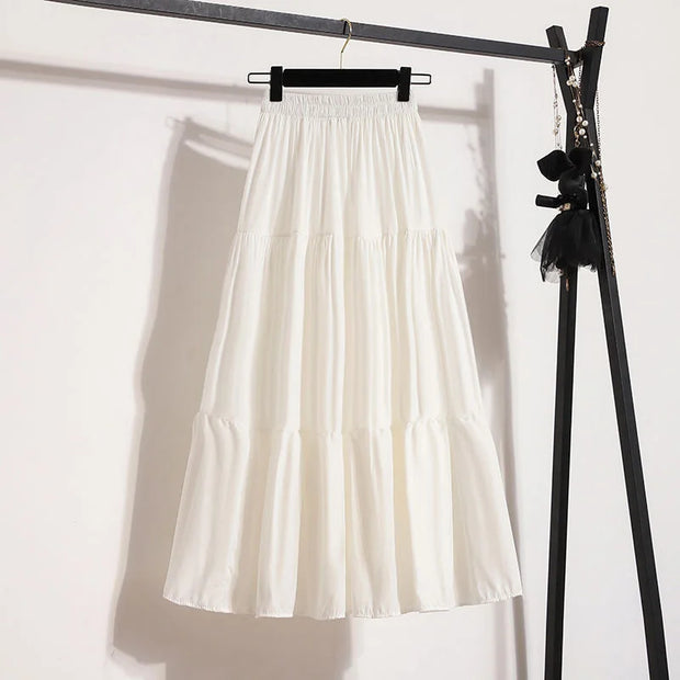 White Summer Women Long Skirts High Waist Elastic Korean Chic Long Cake A-line Sweet Skirt New In Clothes Casual Fashion Trend